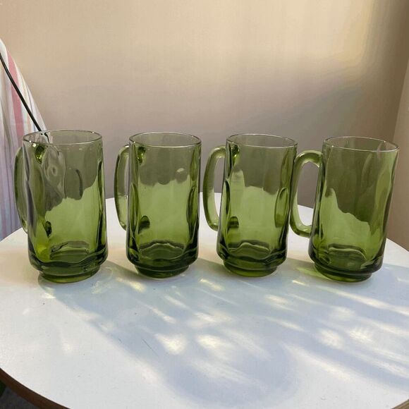 Hazel Atlas Lyric Drop Dot Optic Avocado Green Glass Mug Set of 4 Heavy Stein - Picture 5 of 8